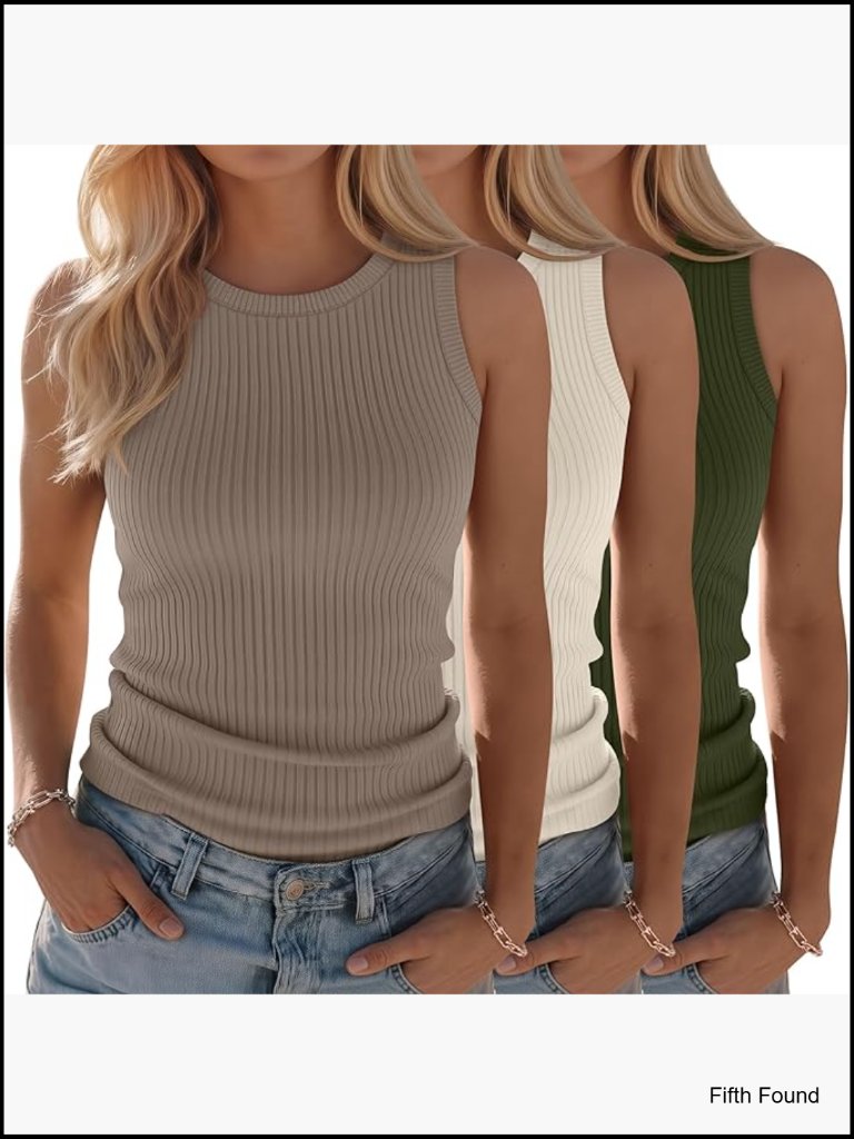 3 Pack Ribbed Tank Tops, Cotton Blend, Sleeveless, Slim Fit, Crew Neck, Basic